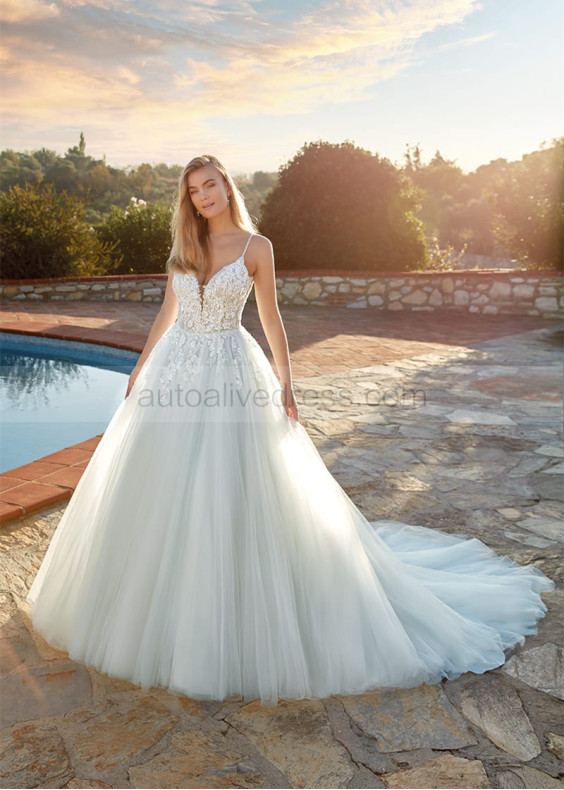 Beaded Blue Lace Tulle V Back Sexy Wedding Dress Beaded Blue Lace Tulle V Back Sexy Wedding Dress